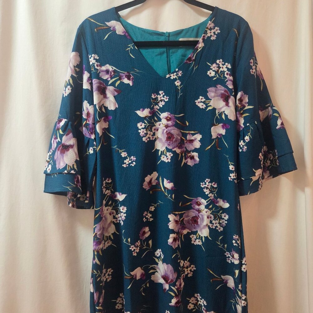 Belongsci Teal dress - floral pattern, size M, above knee